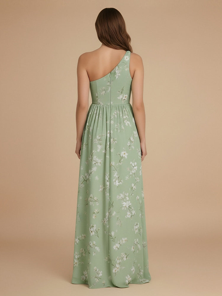 Satin A-Line One Shoulder Long Bridesmaid Dresses with Pleats