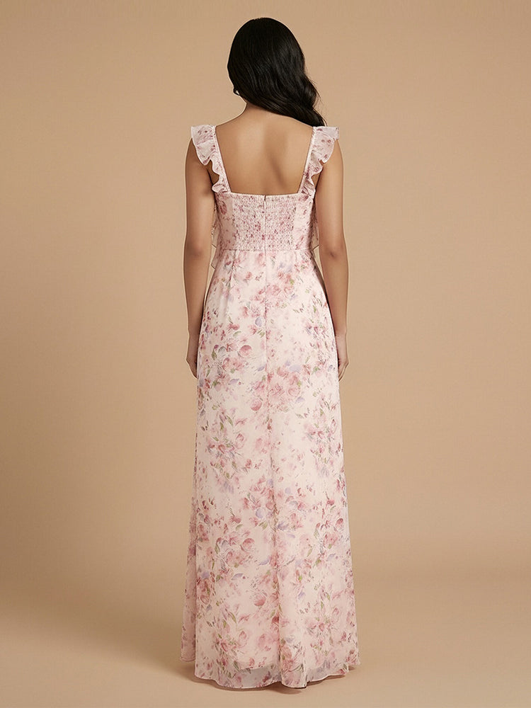 Chiffon Floral Mermaid Sweetheart Long Bridesmaid Dresses with Ruffles