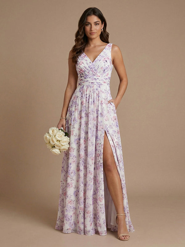 Chiffon Floral A-Line V Neck Long Bridesmaid Dresses with Side Slit