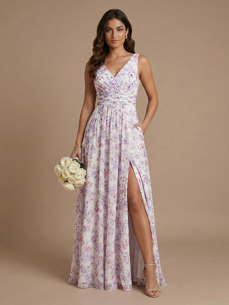 Chiffon Floral A-Line V Neck Long Bridesmaid Dresses with Side Slit