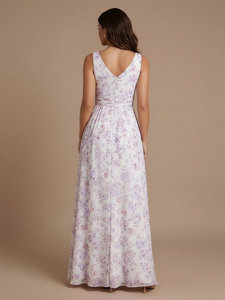 Chiffon Floral A-Line V Neck Long Bridesmaid Dresses with Side Slit