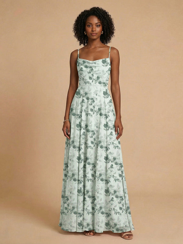 Chiffon Floral A-Line Spaghetti Straps Long Bridesmaid Dresses with Pleats