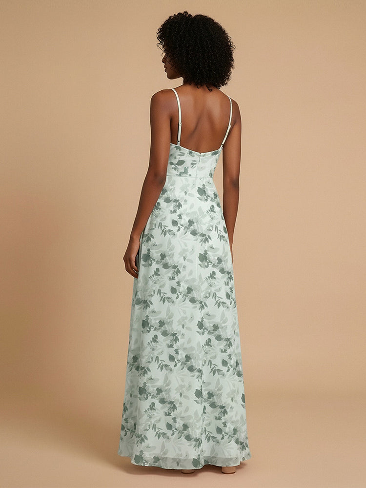Chiffon Floral A-Line Spaghetti Straps Long Bridesmaid Dresses with Pleats