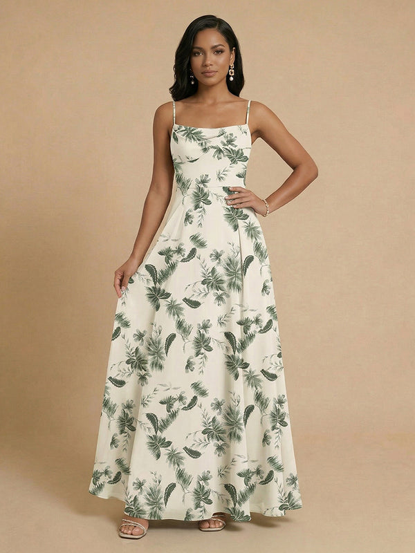 Chiffon Floral A-Line Spaghetti Straps Long Bridesmaid Dresses with Pleats