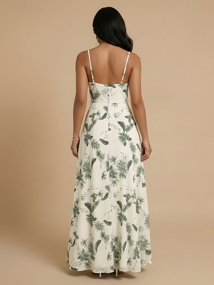 Chiffon Floral A-Line Spaghetti Straps Long Bridesmaid Dresses with Pleats