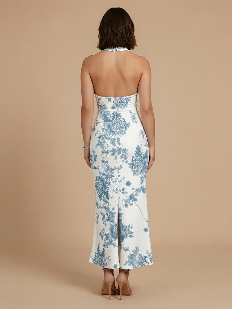 Satin Mermaid Halter Long Bridesmaid Dresses with Floral