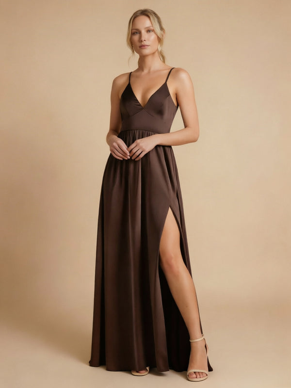 Satin A-Line Spaghetti Straps Long Bridesmaid Dresses with Side Slit