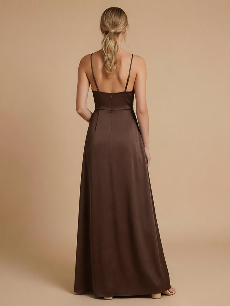 Satin A-Line Spaghetti Straps Long Bridesmaid Dresses with Side Slit