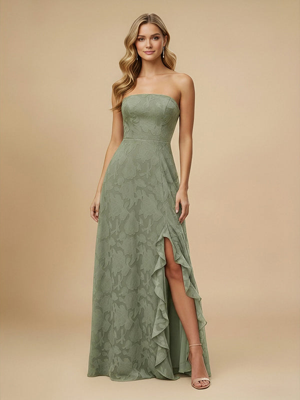Jacquard A-Line Strapless Long Bridesmaid Dresses with Side Slit