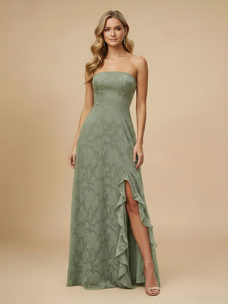 Jacquard A-Line Strapless Long Bridesmaid Dresses with Side Slit