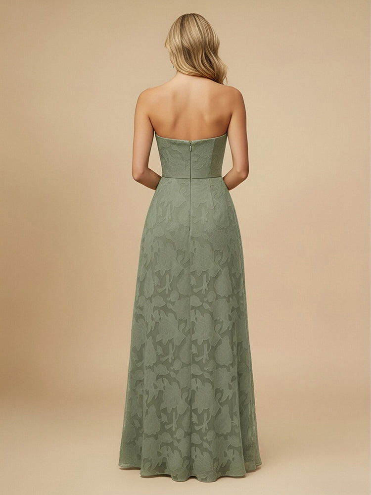Jacquard A-Line Strapless Long Bridesmaid Dresses with Side Slit