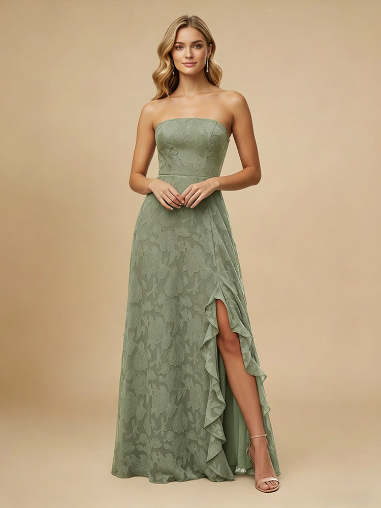 Jacquard A-Line Strapless Long Bridesmaid Dresses with Side Slit