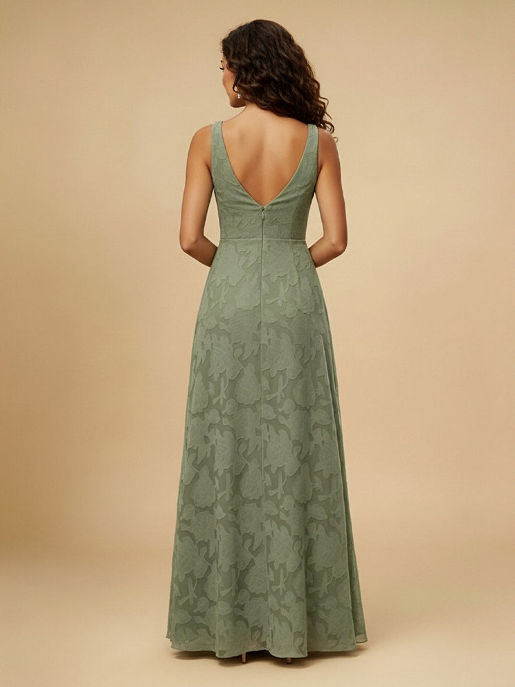 Jacquard A-Line V Neck Long Bridesmaid Dresses with Ruffles