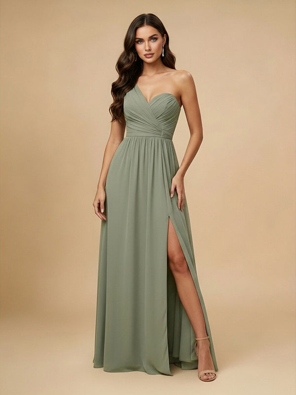 Chiffon A-Line One Shoulder Long Bridesmaid Dresses with Side Slit