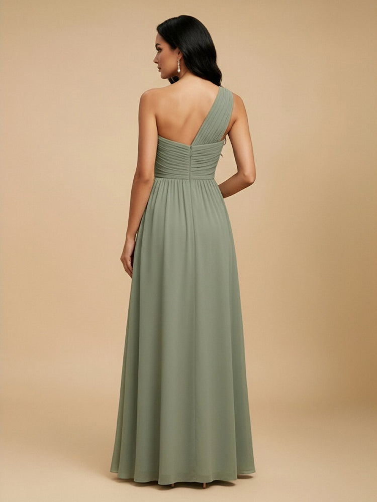 Chiffon A-Line One Shoulder Long Bridesmaid Dresses with Side Slit