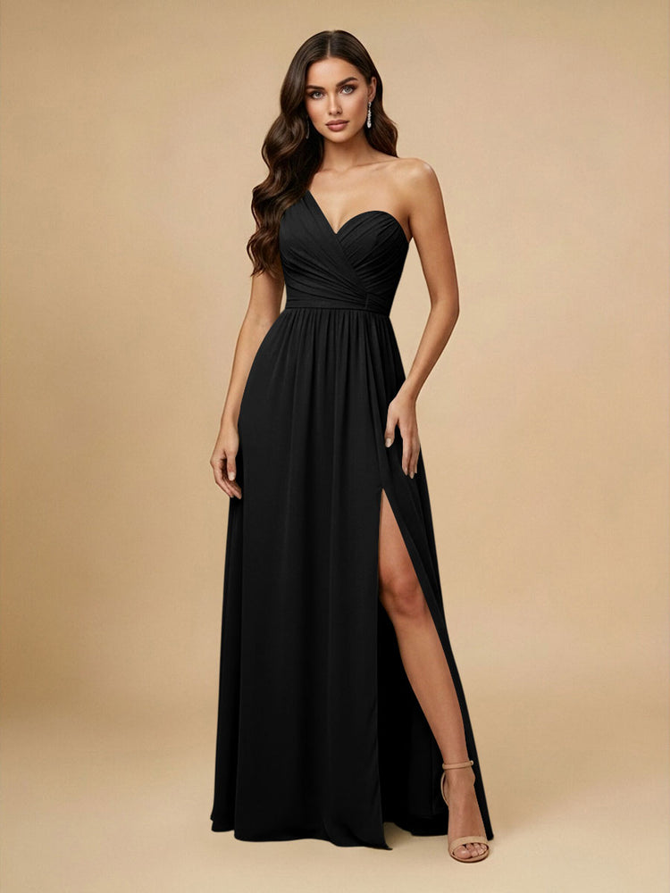 Chiffon A-Line One Shoulder Long Bridesmaid Dresses with Side Slit