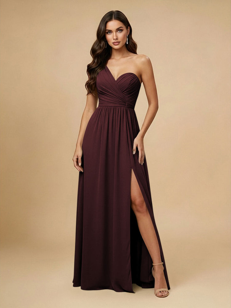 Chiffon A-Line One Shoulder Long Bridesmaid Dresses with Side Slit