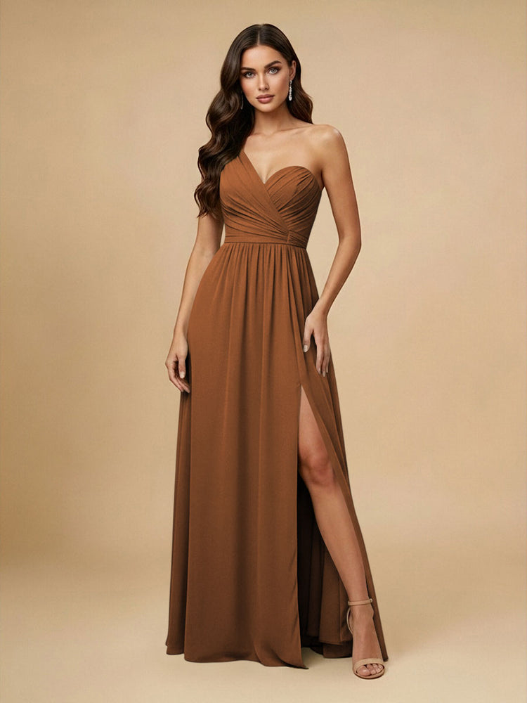 Chiffon A-Line One Shoulder Long Bridesmaid Dresses with Side Slit
