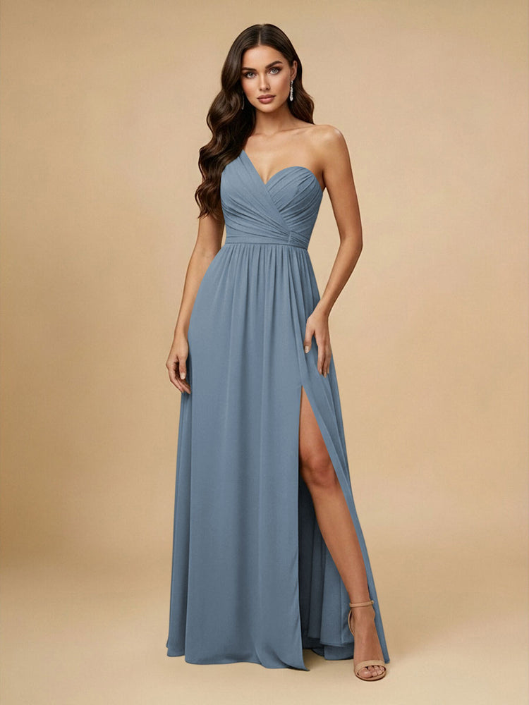 Chiffon A-Line One Shoulder Long Bridesmaid Dresses with Side Slit