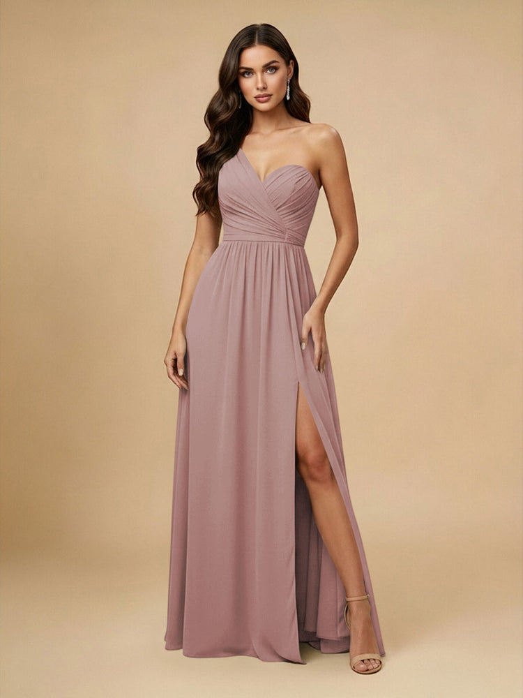 Chiffon A-Line One Shoulder Long Bridesmaid Dresses with Side Slit