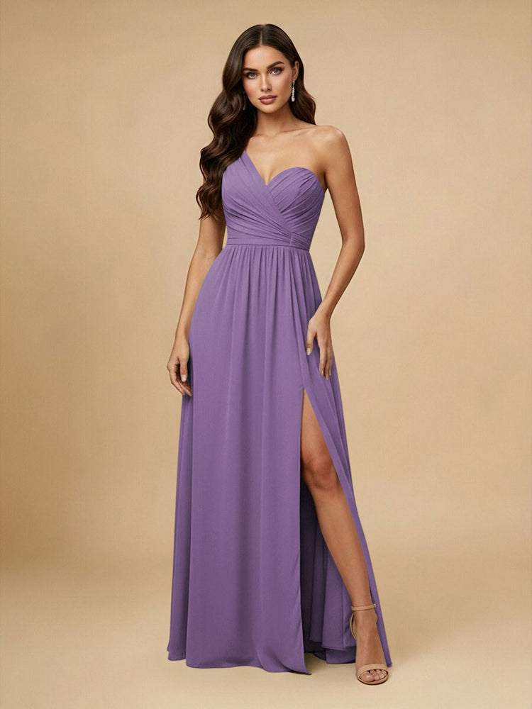Chiffon A-Line One Shoulder Long Bridesmaid Dresses with Side Slit