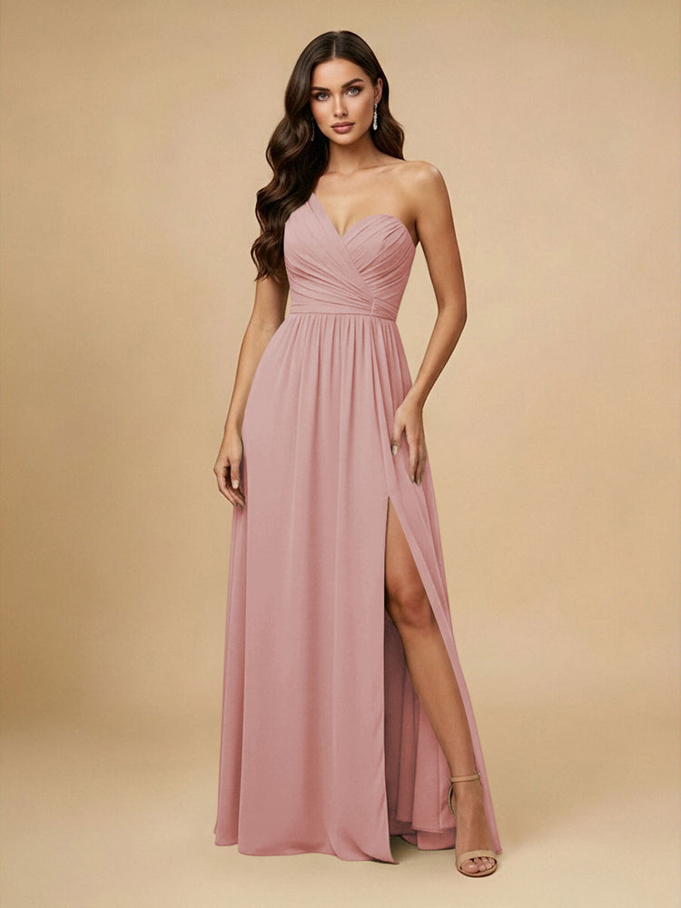 Chiffon A-Line One Shoulder Long Bridesmaid Dresses with Side Slit