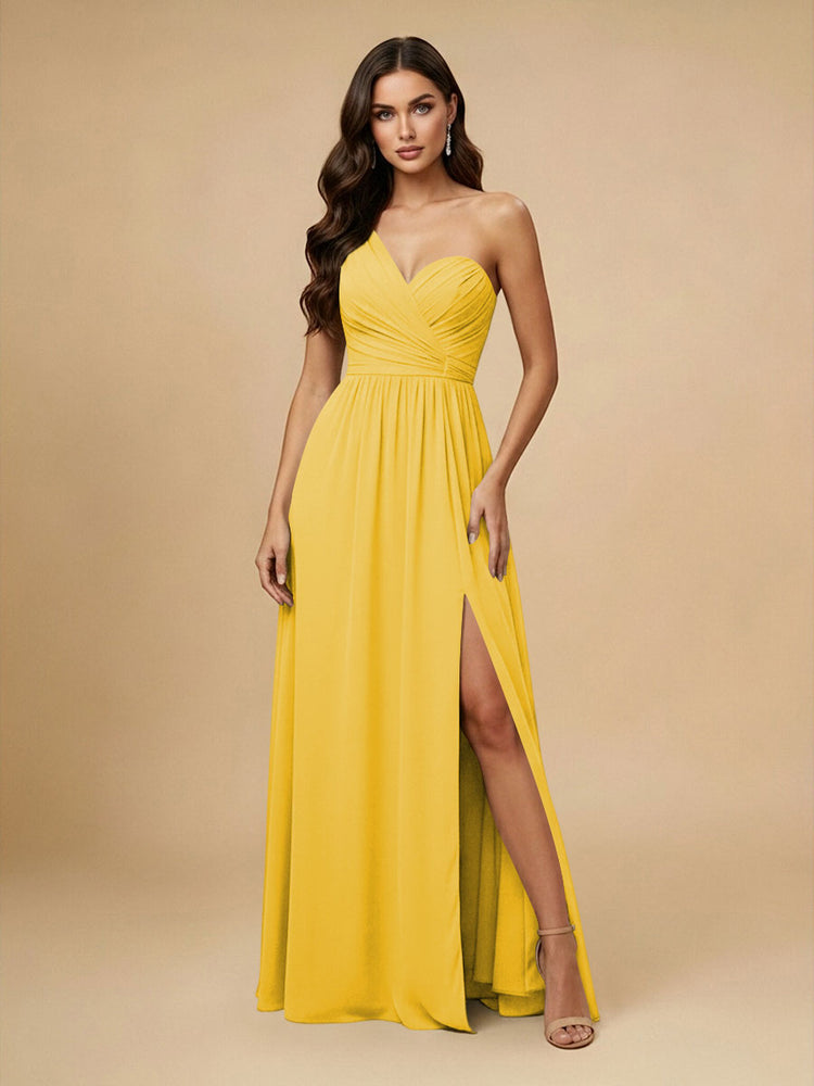 Chiffon A-Line One Shoulder Long Bridesmaid Dresses with Side Slit