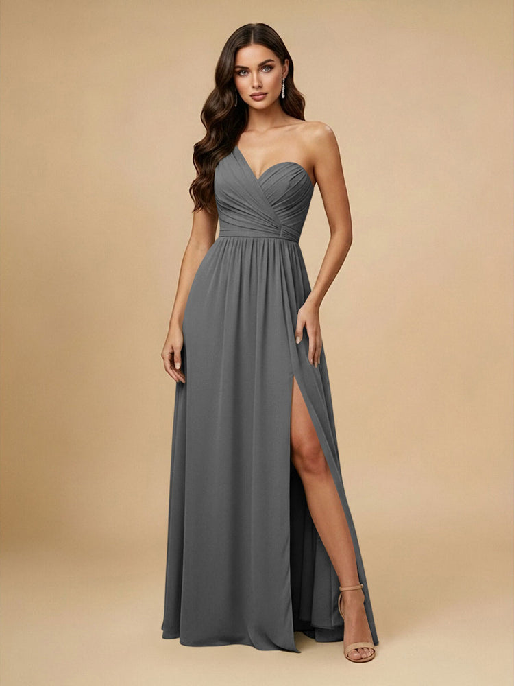 Chiffon A-Line One Shoulder Long Bridesmaid Dresses with Side Slit