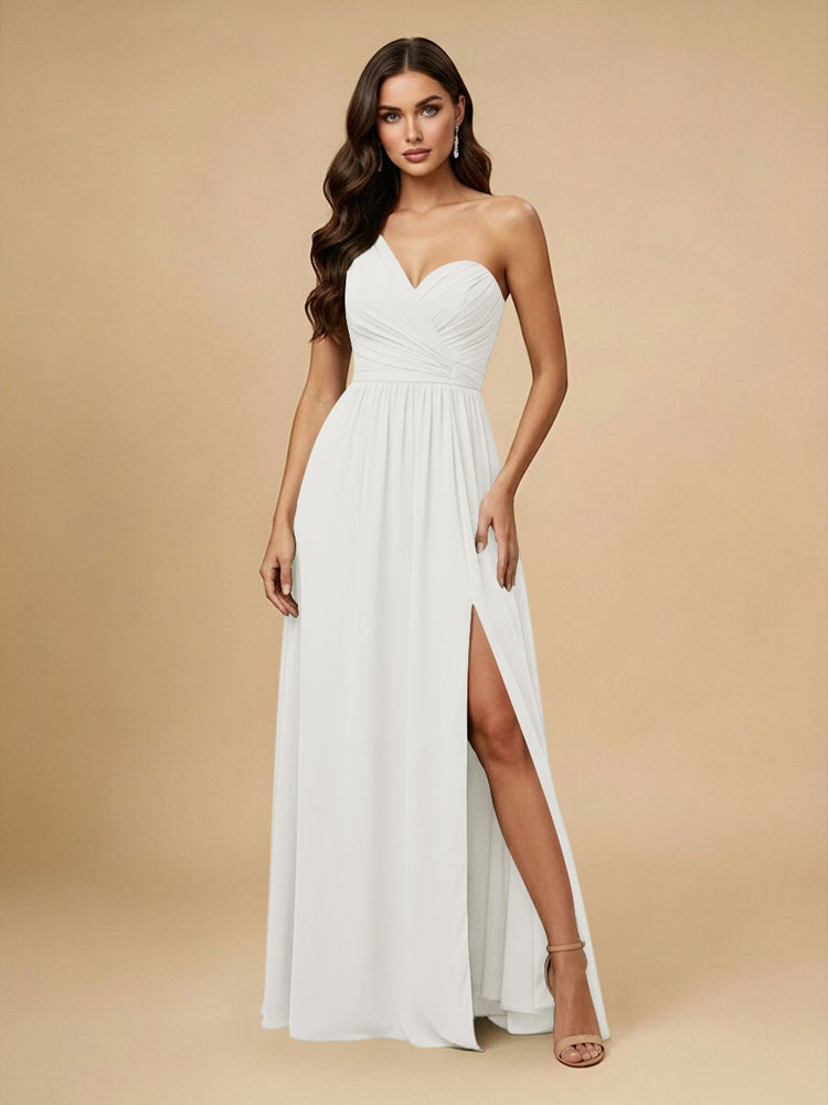 Chiffon A-Line One Shoulder Long Bridesmaid Dresses with Side Slit