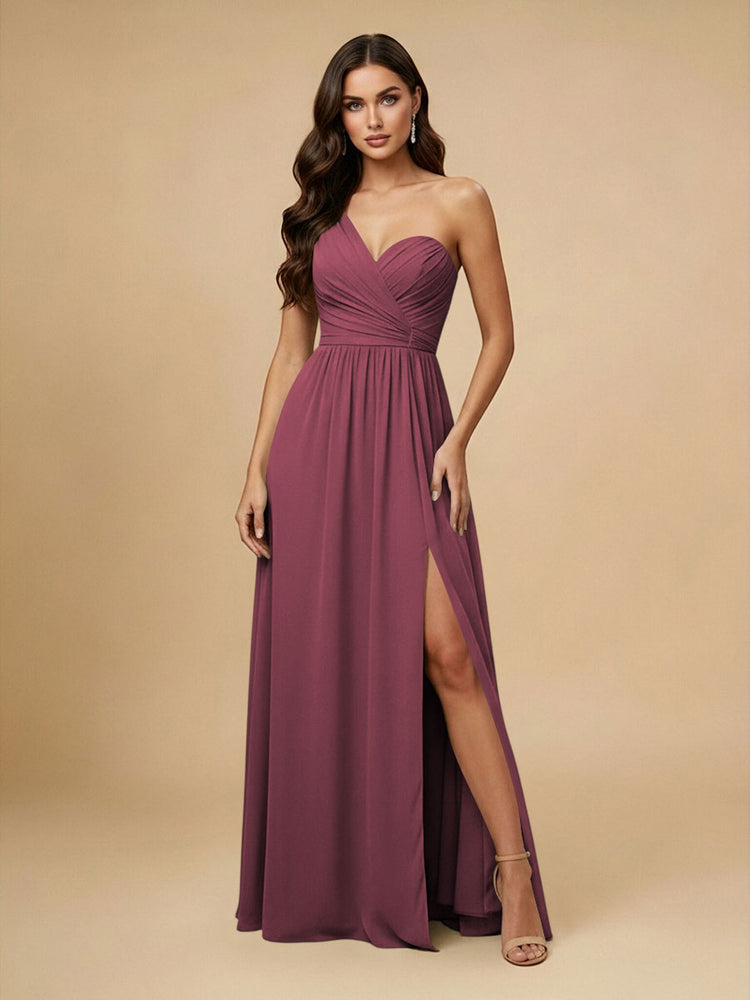 Chiffon A-Line One Shoulder Long Bridesmaid Dresses with Side Slit