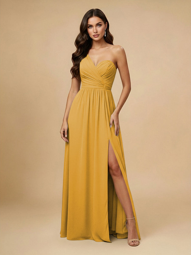 Chiffon A-Line One Shoulder Long Bridesmaid Dresses with Side Slit