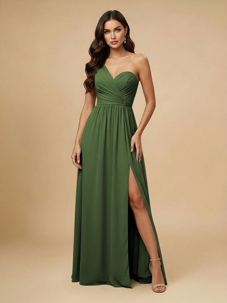Chiffon A-Line One Shoulder Long Bridesmaid Dresses with Side Slit