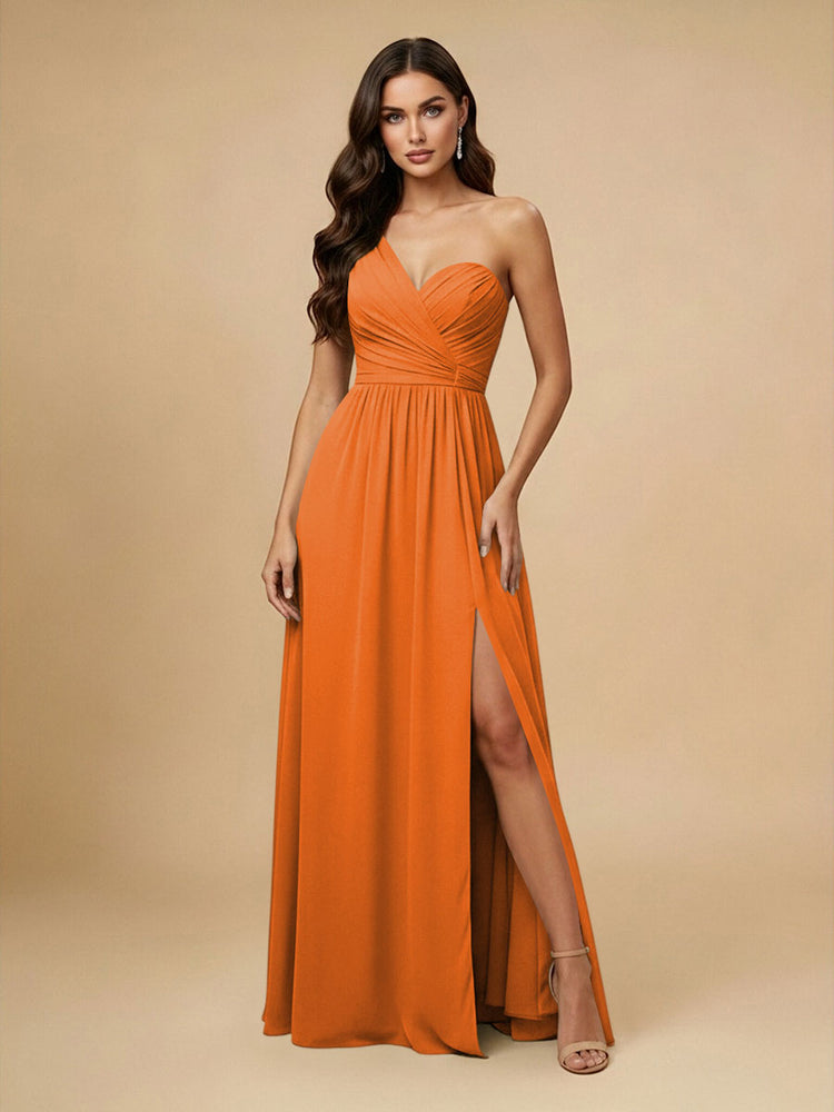 Chiffon A-Line One Shoulder Long Bridesmaid Dresses with Side Slit