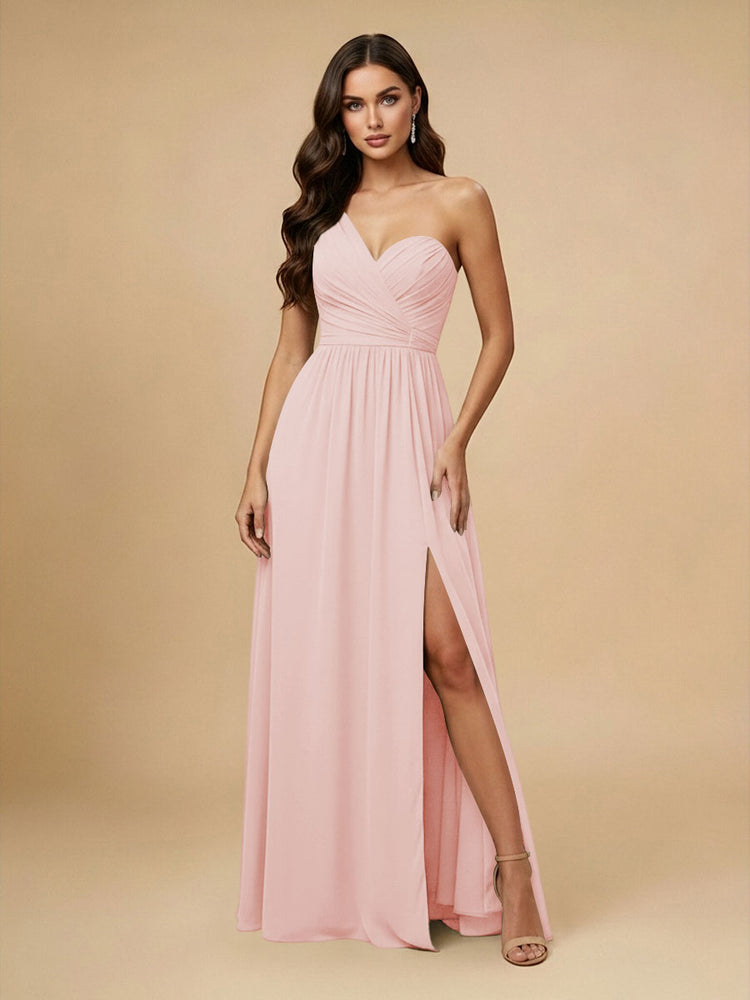 Chiffon A-Line One Shoulder Long Bridesmaid Dresses with Side Slit