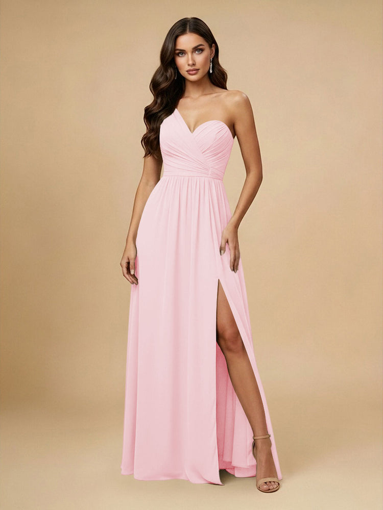 Chiffon A-Line One Shoulder Long Bridesmaid Dresses with Side Slit