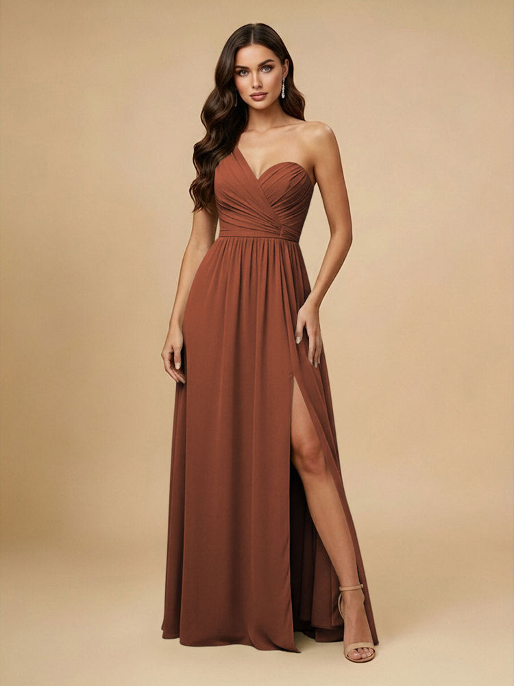 Chiffon A-Line One Shoulder Long Bridesmaid Dresses with Side Slit