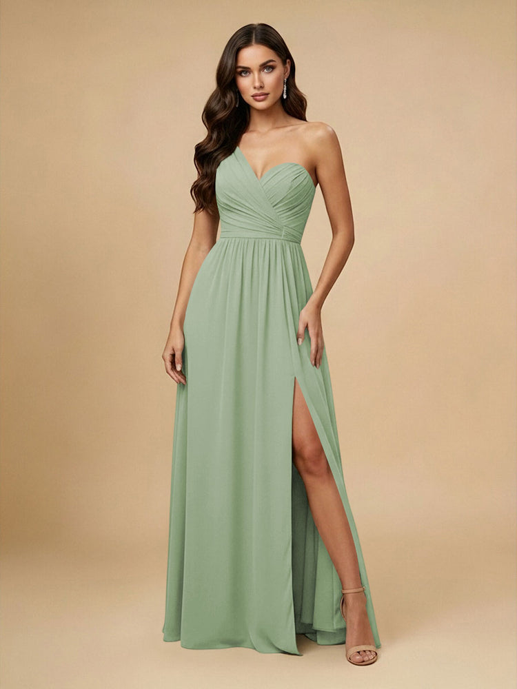 Chiffon A-Line One Shoulder Long Bridesmaid Dresses with Side Slit