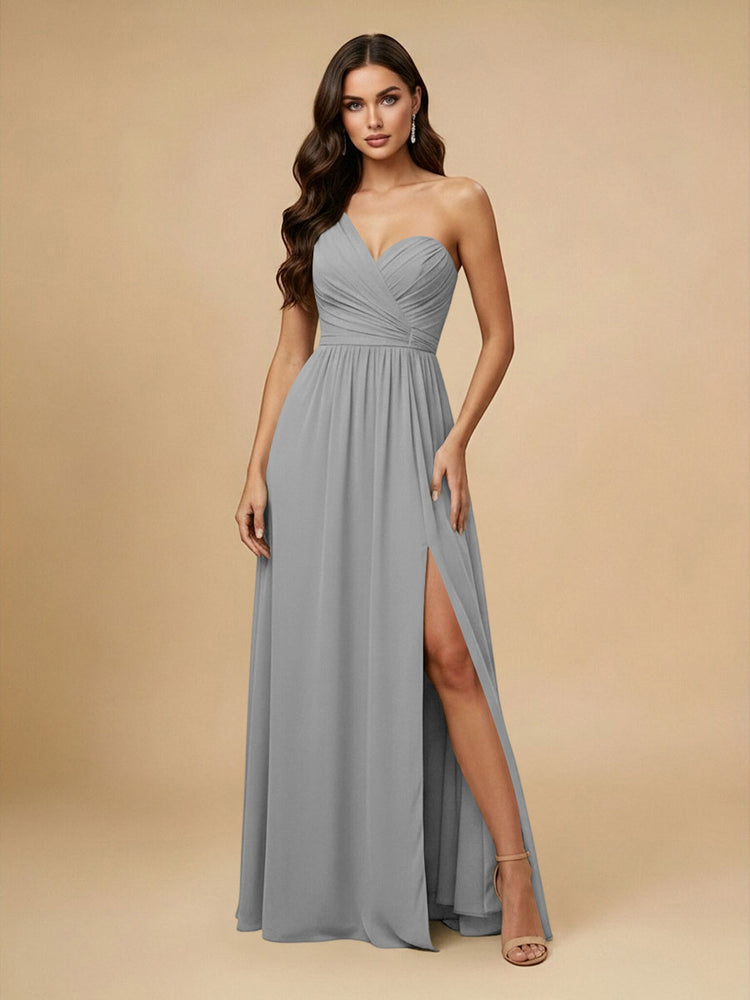 Chiffon A-Line One Shoulder Long Bridesmaid Dresses with Side Slit