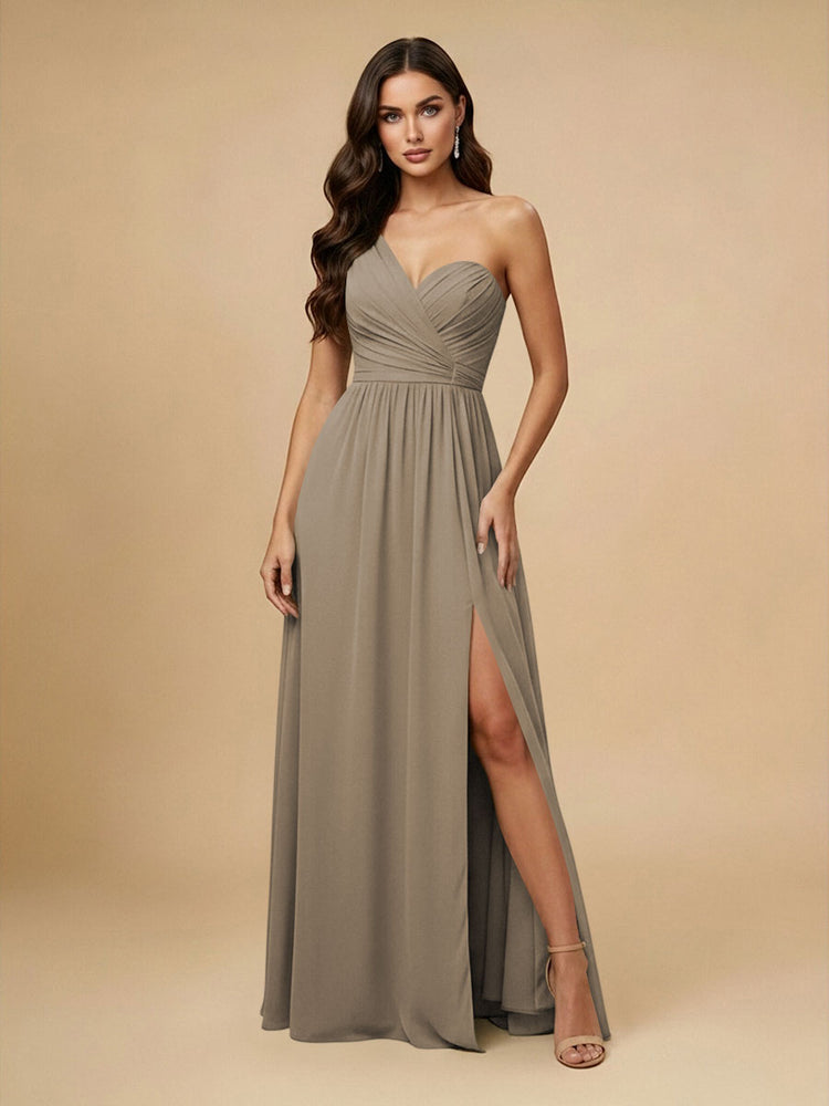 Chiffon A-Line One Shoulder Long Bridesmaid Dresses with Side Slit