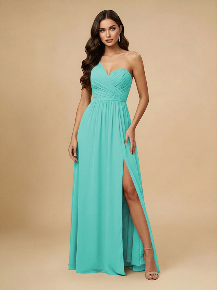 Chiffon A-Line One Shoulder Long Bridesmaid Dresses with Side Slit