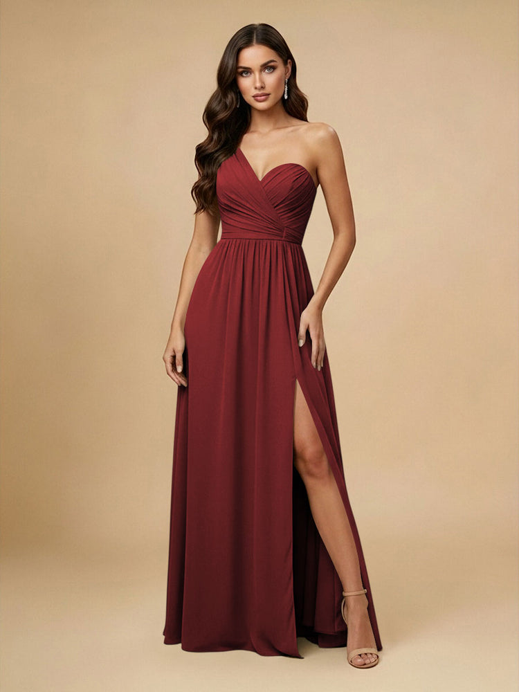 Chiffon A-Line One Shoulder Long Bridesmaid Dresses with Side Slit