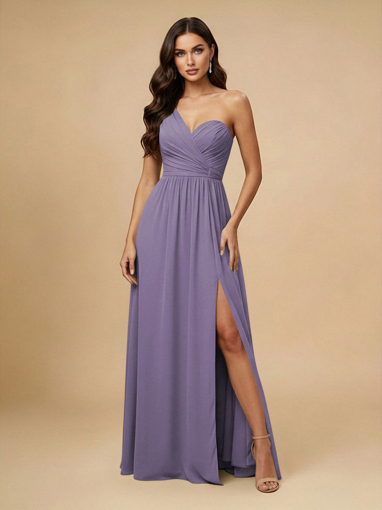 Chiffon A-Line One Shoulder Long Bridesmaid Dresses with Side Slit