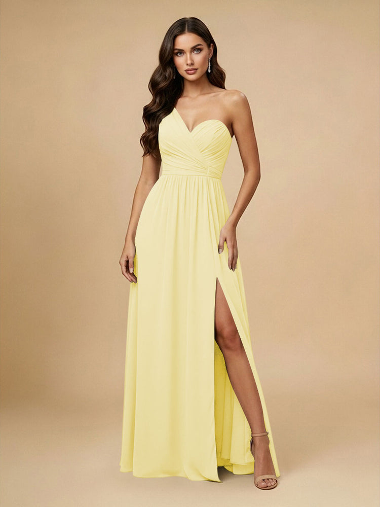 Chiffon A-Line One Shoulder Long Bridesmaid Dresses with Side Slit