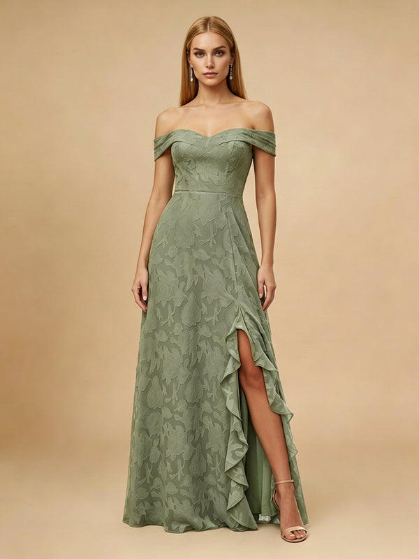Jacquard A-Line Off the Shoulder Long Bridesmaid Dresses with Slit