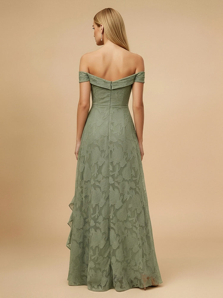 Jacquard A-Line Off the Shoulder Long Bridesmaid Dresses with Slit