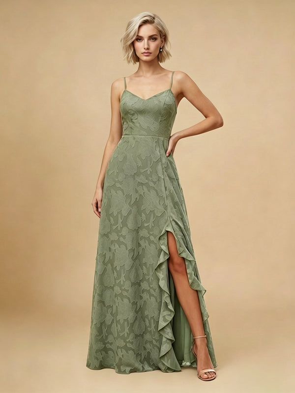 Jacquard A-Line Spaghetti Straps Long Bridesmaid Dresses with Slit