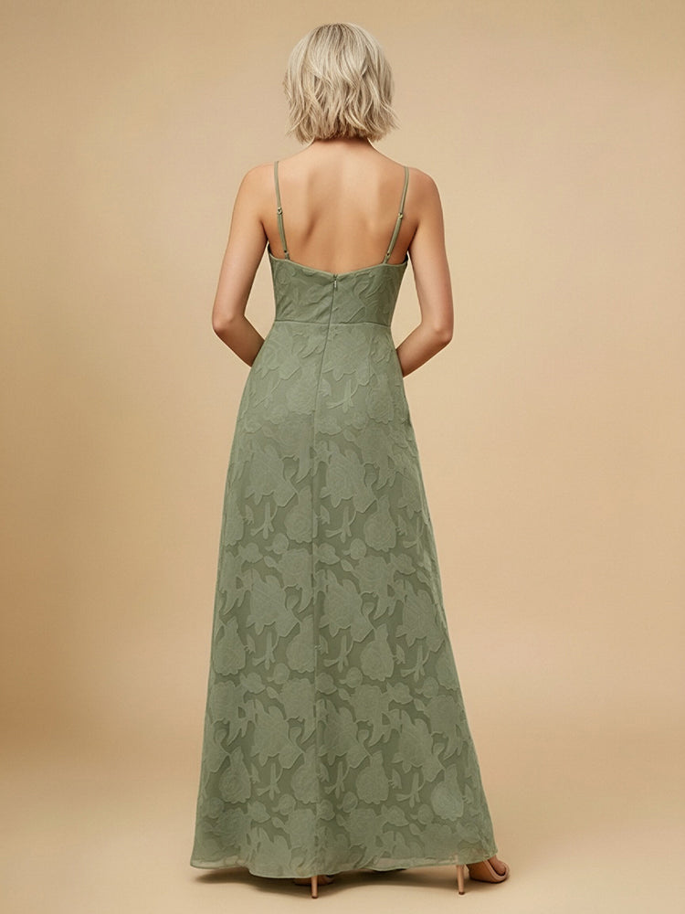 Jacquard A-Line Spaghetti Straps Long Bridesmaid Dresses with Slit