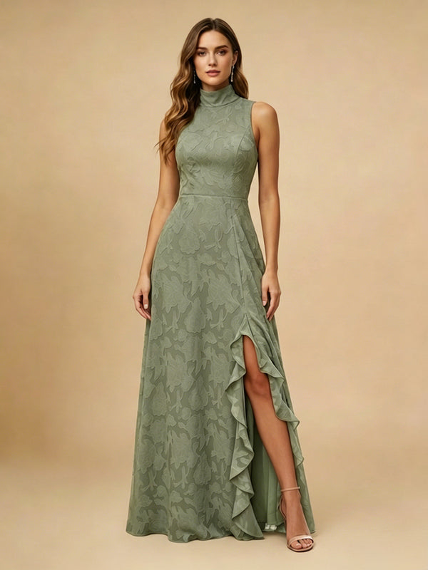 Jacquard A-Line High Neck Long Bridesmaid Dresses with Slit