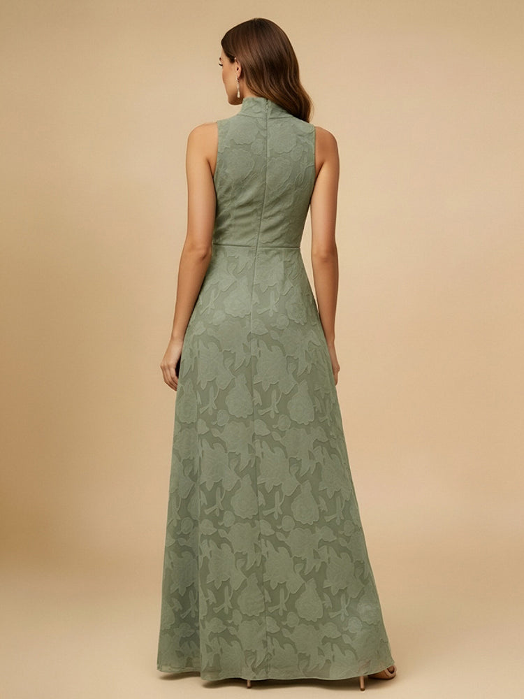 Jacquard A-Line High Neck Long Bridesmaid Dresses with Slit
