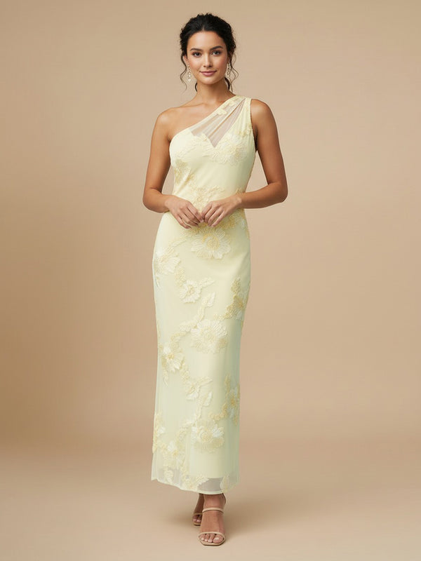 Tulle Mermaid One Shoulder Long Bridesmaid Dresses with Floral Embroidery